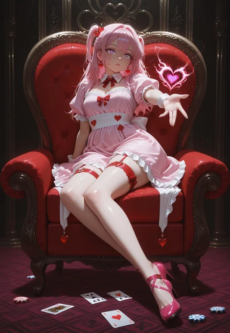 CivChan, purple eyes, pink hair, , score_9, score_8_up, score_7_up, Female, PG, Physical characteristics: Elegant facial features, pale skin, striking purple eyes, flowing pink hair composed of heart shapes, full body, full body shot Clothing and accessories: Red, heart-shaped elements enveloping her body and head; intricate earrings visible, Position: Reclining or emerging from the playing card, with one hand extended gracefully, Background: Dark backdrop with smoky, ethereal effects, scattered red hearts and poker chips enhancing the thematic composition, Main element: Queen of Hearts playing card, creatively designed with a vivid, surreal touch, Art style: Hyper-realistic with fantasy elements, emphasizing red tones and a luxurious, dramatic atmosphere,