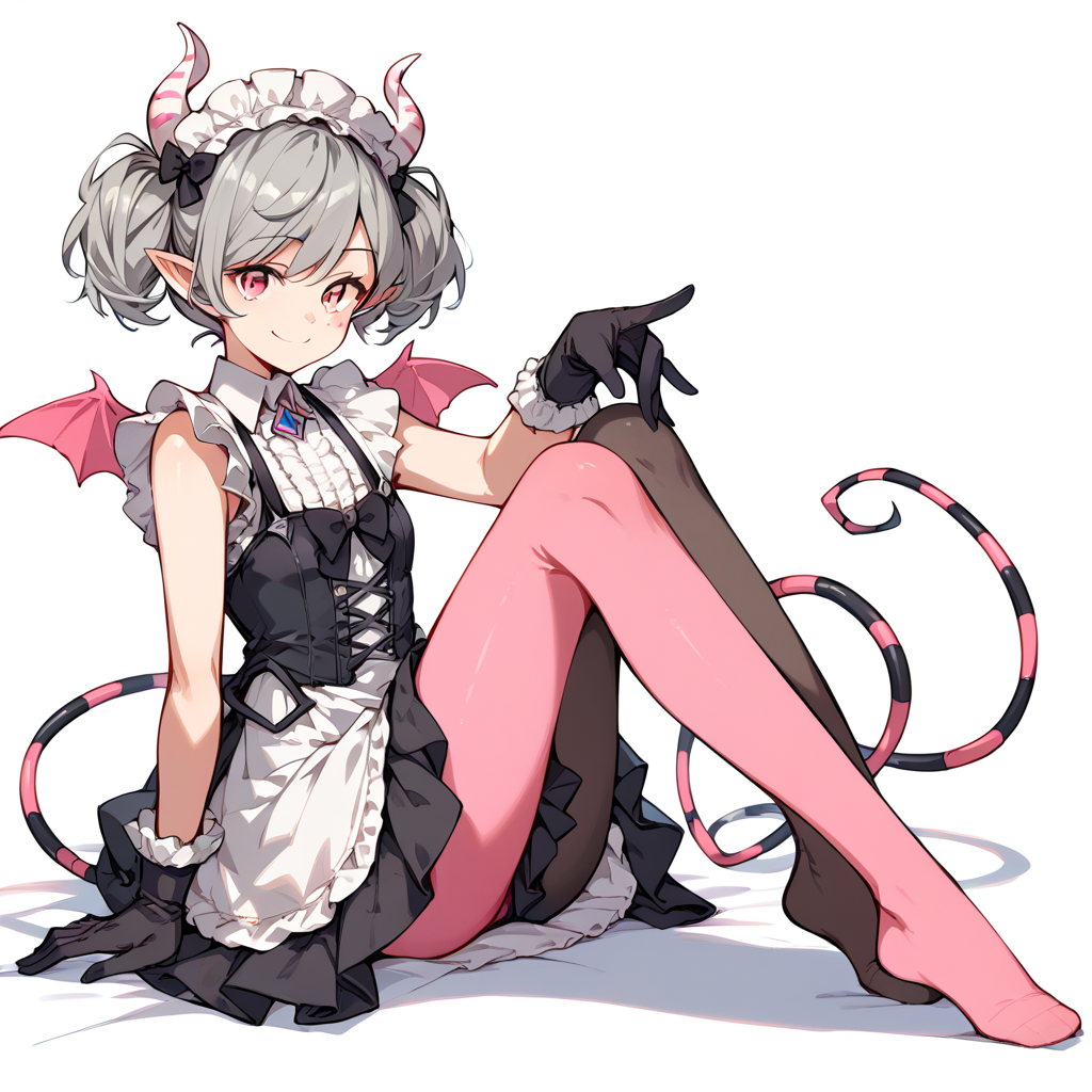score_9, score_8_up, score_7_up,
simple background, smile, sitting,
1girl, solo, ariane, grey hair, short twintails, pink eyes, maid headdress, horns, mini demon wings, pointy ears, no shoes, pantyhose, gloves,
 <lora:ariane_pony_v1:0.6>