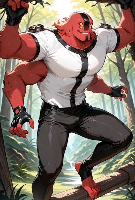<lora:fourarms-05:1> fourarms, red skin, solo, male focus, yellow sclera, no pupils, 4 eyes, , fingerless gloves, white shirt, black pants, 4 arms , large pectorals, underbite, multiple arms, smile, dynamic pose, nature, swinging from trees, climbing wall, masterpiece, best quality, amazing quality, very aesthetic, absurdres, newest,