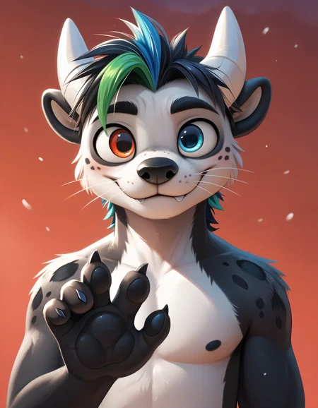 score_9, score_8_up, score_7_up, <lora:Dragotter.safetensors:0.65>, dragotter, solo, otter, body fur, male focus, 1boy, multicolored hair, furry, horns, blurry, blue hair, green hair, furry male, blurry background, two-tone hair, black hair, looking at viewer, smile, animal ears, green eyes, fangs, animal nose, freckles, blue eyes, spots, heterochromia, <lora:fix_hands.safetensors:1.0>, tail, (paws, black pawpads, black hands:1.15), digitigrade, barefoot, blush, looking at viewer, upper body (close up, full face, chikan , red background purple sky sky:1.25)
