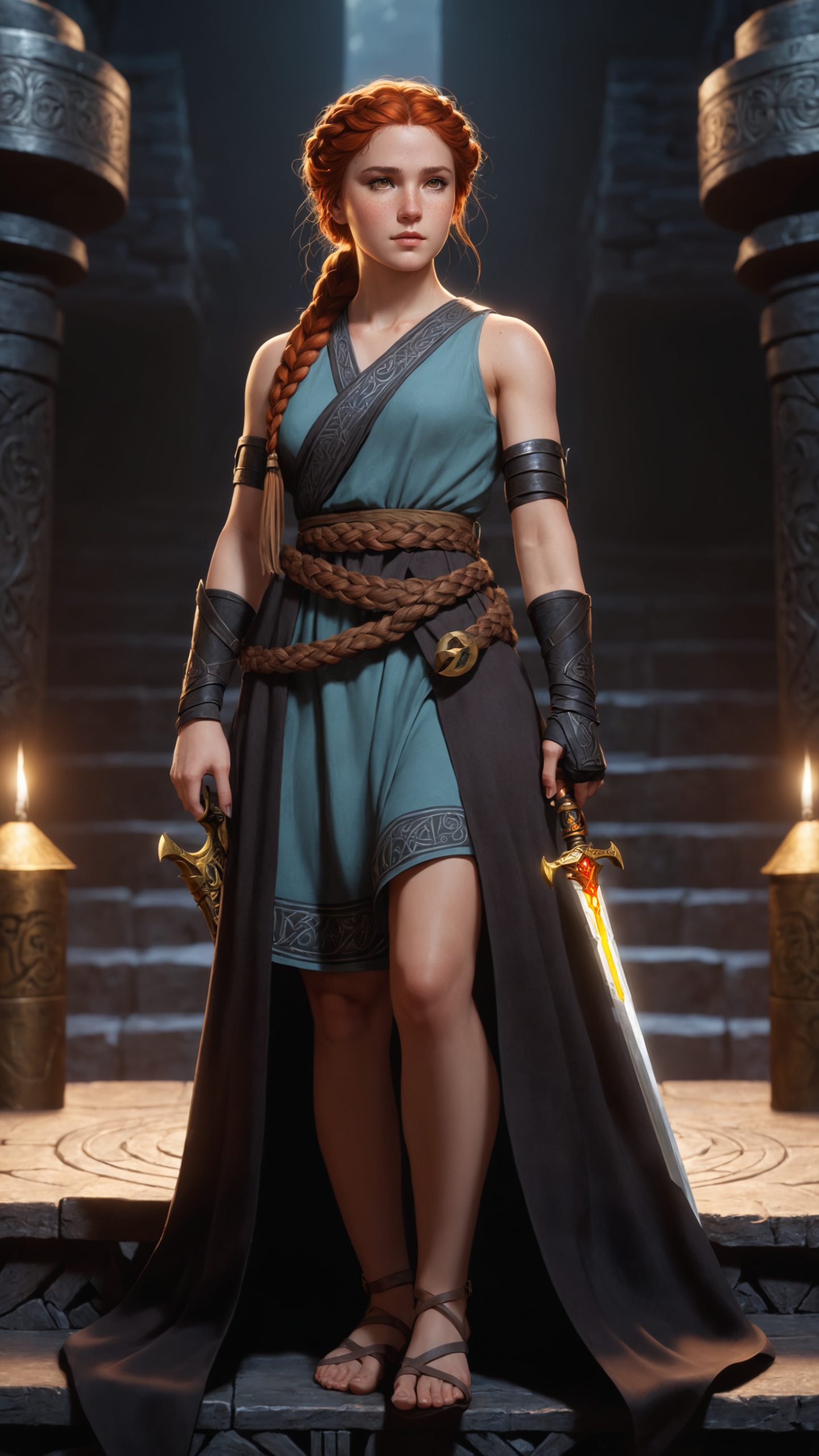 best quality, masterpiece, 1 girl, adult czech women, freckles, dark brown eyes, auburn dutch braid, focus on character, solo, solo, 30% from front, front view, (full body:0.8), looking at viewer, detailed face, abyssal wanderer, (gentle reproach:1), perched on a ledge, 3% simple gown, circlet, 20%carrying divine rapier of the sun, 5%inscribed with mystical runes, self-repairing nodes embedded in the skin, 20%meaningful claw marks, indoors, crates, dystopian vault in background, spectral glow