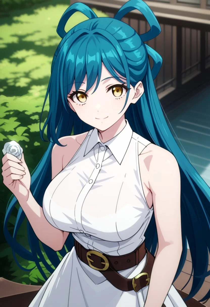 score_9,score_8_up,score_7_up,source_anime,HIMARI_AZUMA,1girl,solo,long hair,breasts,looking at viewer,smile,shirt,large breasts,skirt,dress,holding,closed mouth,bare shoulders,blue hair,white shirt,yellow eyes,sleeveless,belt,white dress,bare arms,sleeveless dress,floating hair,hair rings,collared dress,brown belt,