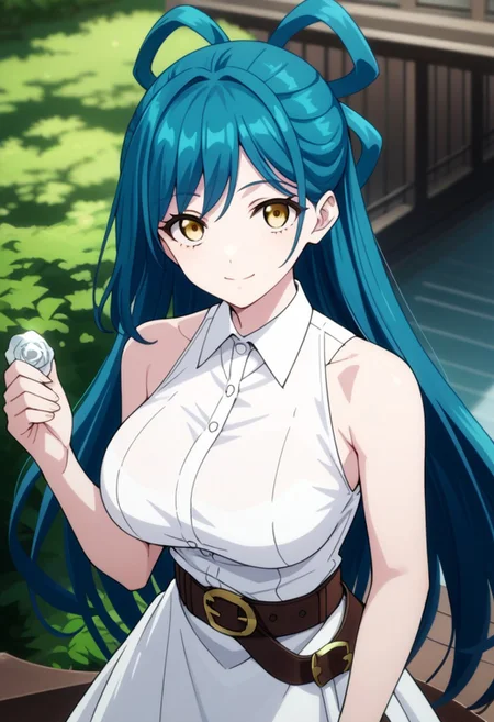 score_9,score_8_up,score_7_up,source_anime,HIMARI_AZUMA,1girl,solo,long hair,breasts,looking at viewer,smile,shirt,large breasts,skirt,dress,holding,closed mouth,bare shoulders,blue hair,white shirt,yellow eyes,sleeveless,belt,white dress,bare arms,sleeveless dress,floating hair,hair rings,collared dress,brown belt,