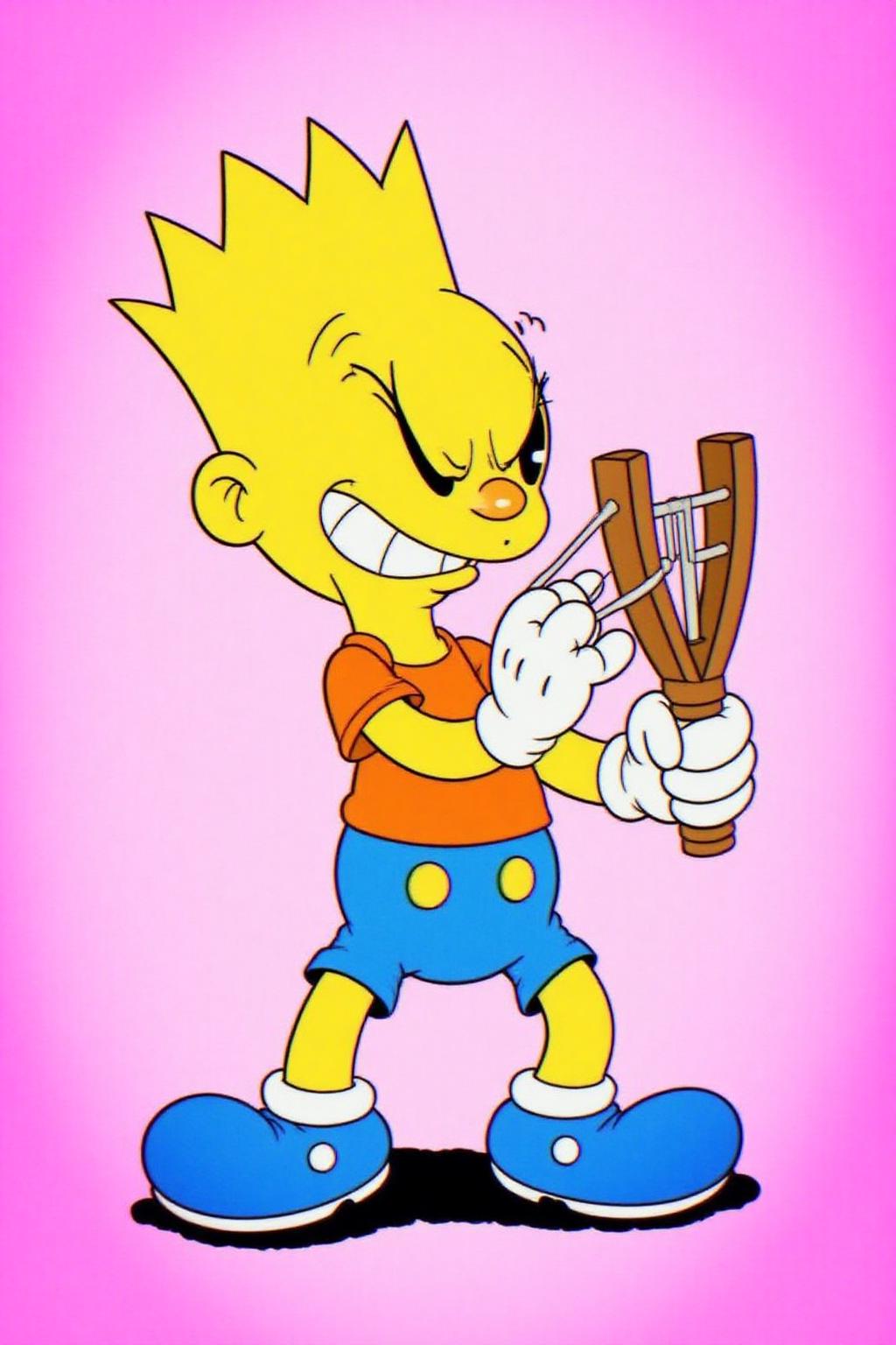rubber hose animation style.
Bart Simpson is depicted winking and firing with a slingshot. He wears an orange T-shirt, blue shorts, and blue shoes.
 <lora:rubberhose1_cap_d8a4:1.0><lora:844395209241400310:0>