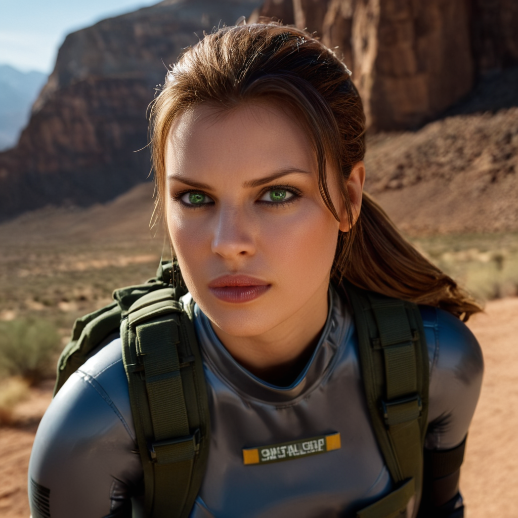 cinematic film still of <lora:add-detail-xl:0.1>1
<lora:detailed:0.2>
<lora:perfection style:0.2>
<lora:eyetune:0.5>
<lora:xl_more_art-full_v1:0.3>
<lora:Ron Fricke style:0.3>
 <lora:Unreal Engine style:0.3>
<lora:TeethXL:1>
 <lora:metal gear solid style:0.9>
Quiet a woman with a backpack looking at the camera,1girl,solo,looking at viewer,brown hair,closed mouth,green eyes,ponytail,outdoors,sky,day,blurry,blue sky,lips,blurry background,portrait,close-up,mountain,realistic,desert , action movie themed, sharp, detailed, epic cinematic photography, artistic, dramatic light, cinematic style, film style, metal gear solid style, shallow depth of field, vignette, highly detailed, high budget, bokeh, cinemascope, moody, epic, gorgeous, film grain, grainy
