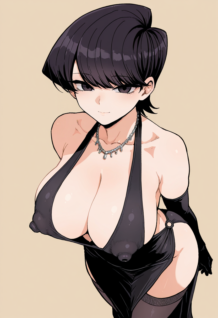 masterpiece, best quality,
 <lora:ahemaru:1> 4h3m4r0,
1girl, solo,
From above
looking at viewer, light smile, 
komi shuuko, black hair, short hair, large breasts, 
cocktail dress, revealing clothes, cleavage, collarbone, necklace, elbow gloves, thighhighs, covered nipples,
simple background, Bronze  background,