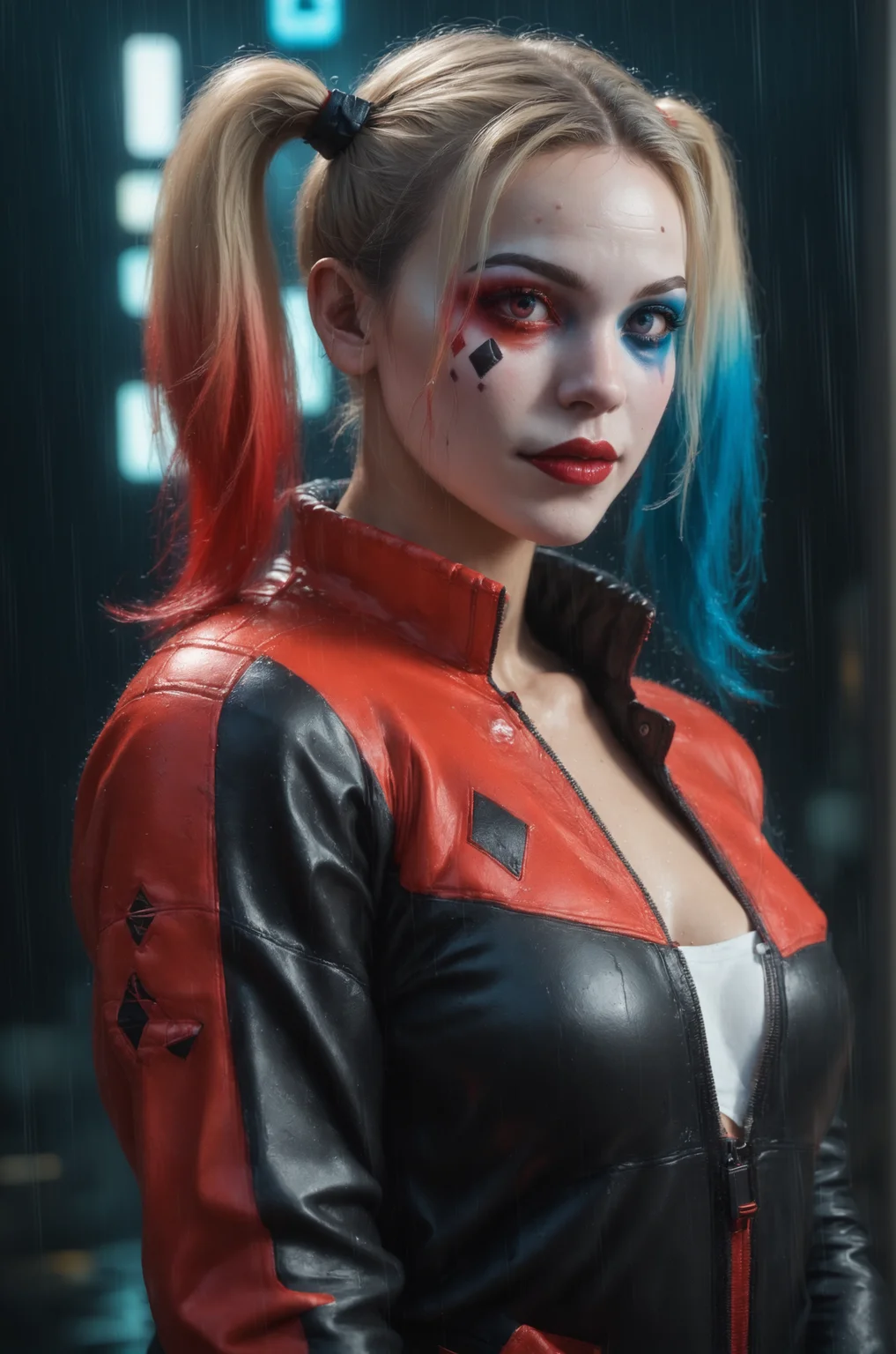 score_9, score_8_up, score_7_up, detailed eyes, 1girl, (harley quinn:1.1), circular, jacket, iridescent, realistic, source_photo, white skin, white body, cyberpunk mask, from below, fantasy, cyberpunk, rain, glowing red eyes, volumetric lighting, depth of field, cinematic, vibrant, shadows, detailed, gothic architecture, cowboy shot,