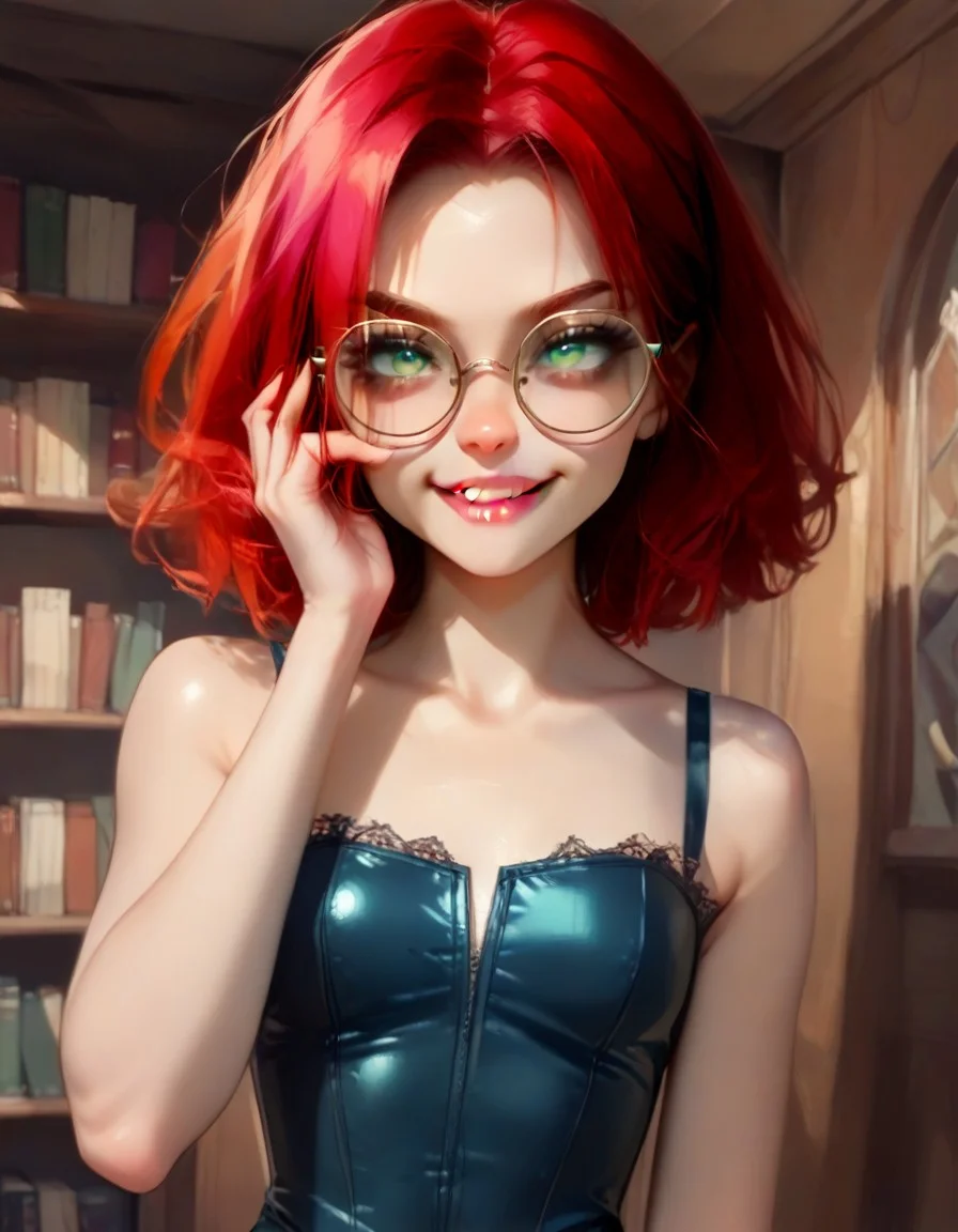 perfectly flat chest, fake tits, small breasts, score_9, score_8_up, score_7_up,
itsyeliz, night, library,
1girl, solo, red hair, green eyes,
round glasses, squeezing own tits exposed, witch dress, perfect plump ass, garter belt, stockings,, leather and lace corset,
small breasts, small ass,
seductive smile, grin, horny,
close up face, hand under face,
Expressiveh, s1_dram,
source_anime,, embedding:safe_pos, embedding:civit_nsfw