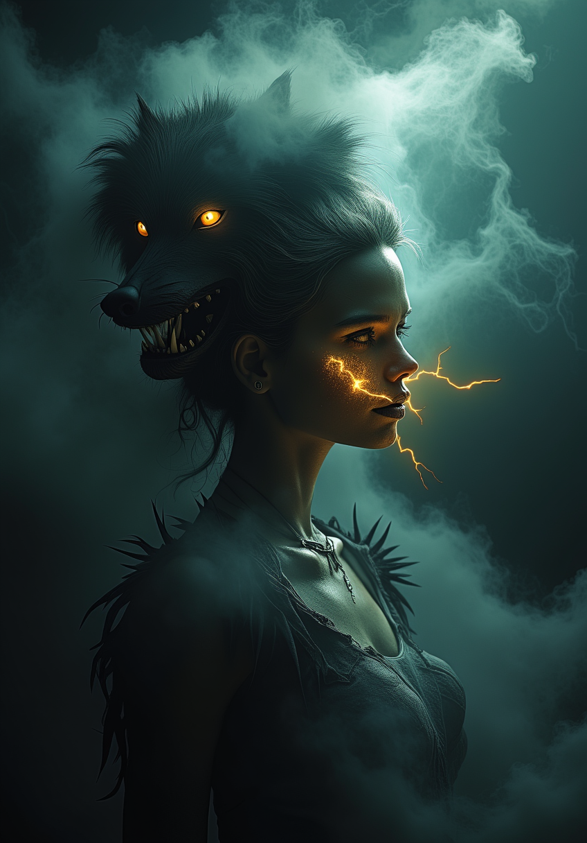 zenthros. A dark and ethereal scene depicting a woman with an otherworldly aura, her profile glowing faintly against a stormy backdrop of swirling clouds. Her face is partially shrouded in shadow, with one eye radiating a fiery golden light, crackling with veins of lightning that spread across her cheek. Emerging from her hair, a spectral wolf with glowing, piercing eyes and bared teeth looms menacingly, its form seamlessly blending into the swirling black smoke around her. The atmosphere is haunting and intense, evoking a sense of raw power, mystery, and supernatural terror. The colors are dominated by shades of black, gray, and pale green, accentuated by vibrant gold and icy blue highlights. The storm clouds churn violently, illuminated by distant flashes of lightning, completing this dark fantasy portrait.