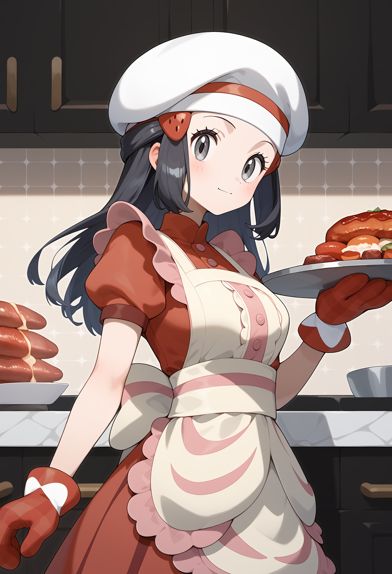 score_9, score_8_up, score_7_up, score_6_up, score_5_up, score_4_up, source_anime, aadawn, long hair, black hair, hat, white headwear, hair ornament, forehead, grey eyes, breasts, red dress, short sleeves, red mittens, apron, buttons, <lora:dawn_(pokemon)_ponyxl_v1:0.9>, standing, cowboy shot, indoors, kitchen, holding tray, food, meat,