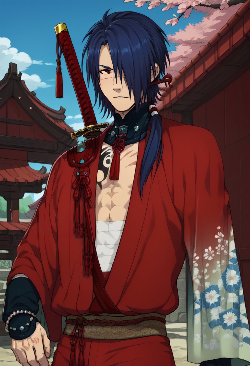 score_9, score_8_up, score_7_up, source_anime, highly detailed, 
koujaku, 1boy, male focus, solo, blue hair, ponytail, long hair, hair over one eye, red eyes, scar, scar on face, japanese clothes, kimono, red kimono, sarashi, midriff sarashi, gloves, fingerless gloves, weapon, katana, holding katana,
outdoor, sky, cherry blossoms,