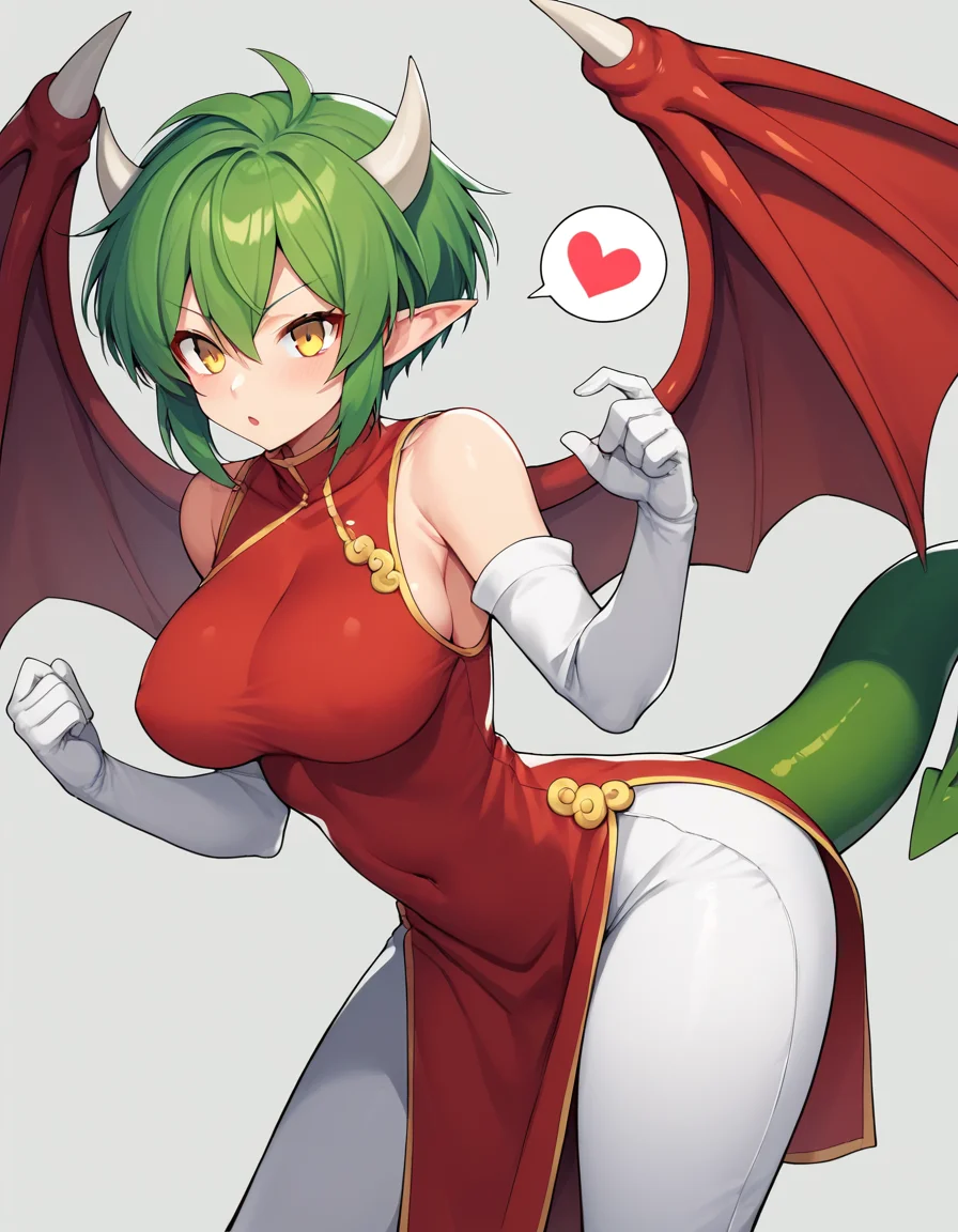 <lora:Pdraco_SDXL_pony_fp16_v01:1>,PdoracoR, 1girl,green hair, red dragon wings,dragon tail,yellow eyes,large breasts,green hair,short hair,red china dress, white gloves, spoken heart, dark persona,white pants, score_9, score_8_up, score_7_up, BREAK source_anime, rating_explicit, best quality, masterpiece, uncensored, [pony diffusion V6 is trained by PurpleSmartAI:100]