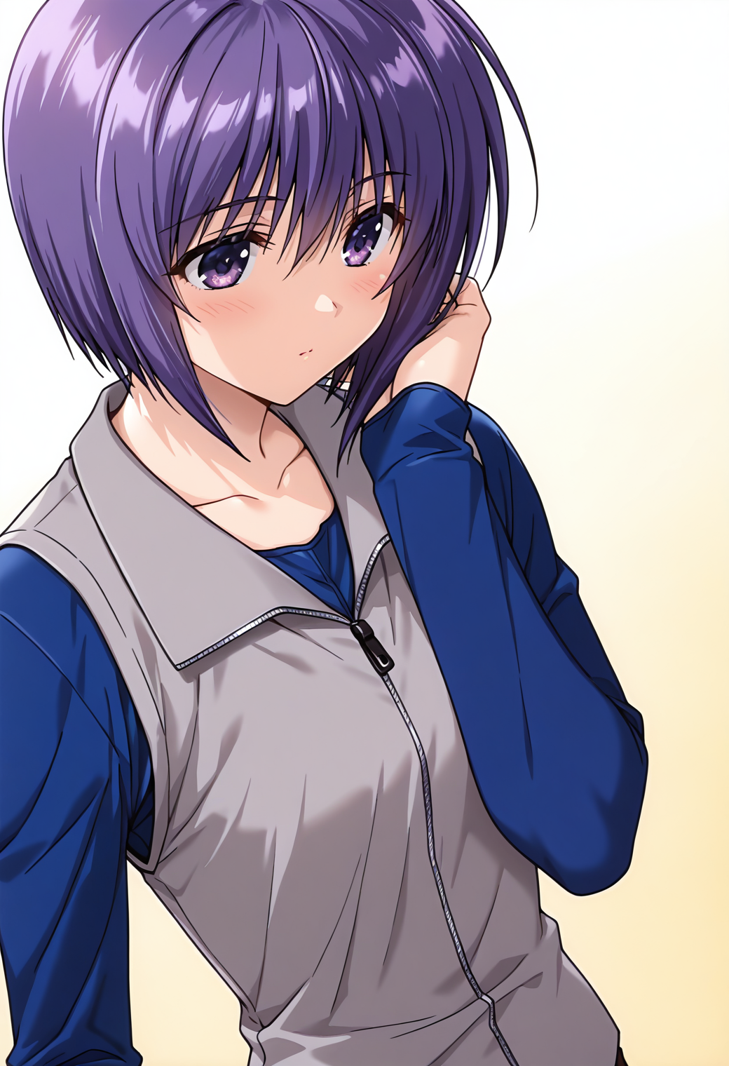 masterpiece, best quality, very aesthetic, absurdres, 1girl, solo,
<lora:haga_reiko_v01:0.9>, haga_reiko, reiko_casual1, purple hair, short hair, purple eyes,
gray vest, collared vest, half zipper, collarbone, blue shirt, long sleeves, posing