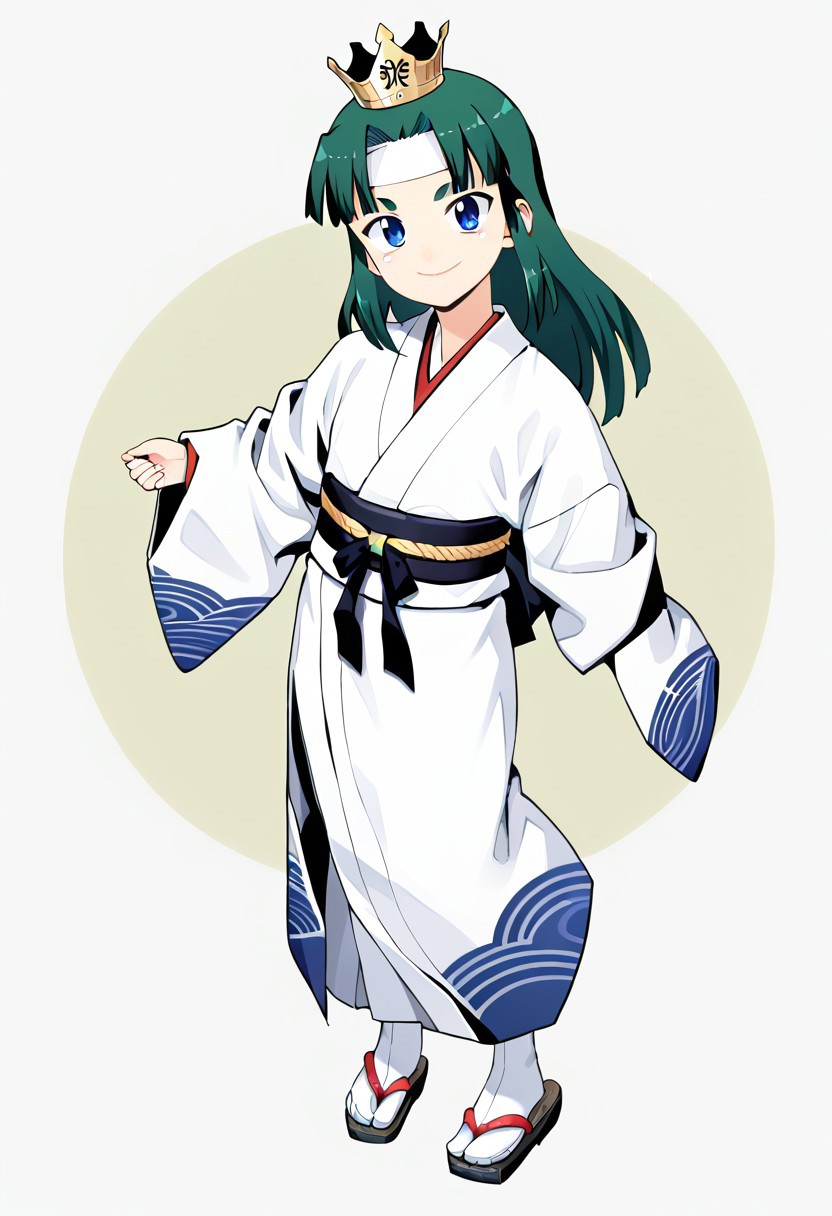 <lora:Tsugumomo-PonyXL-1024px-v1.0:0.8>
1girl, solo, flta chets, short petite, small body, blue eyes, crown, full body, green hair, headband, japanese clothes, kimono, long hair, looking at viewer, sandals, sash, skirt, smile, standing, tabi, transparent background