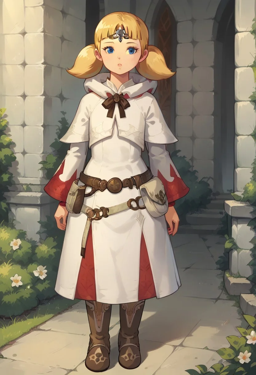 score_8, score_8_up, score_7_up, score_6_up, BREAK, 1girl, solo, female focus, penny_ig, blonde hair, twintails, blue eyes, flat chest, white mage, boots, belt, hood, pouch, robe, belt pouch, circlet, castle background, garden,