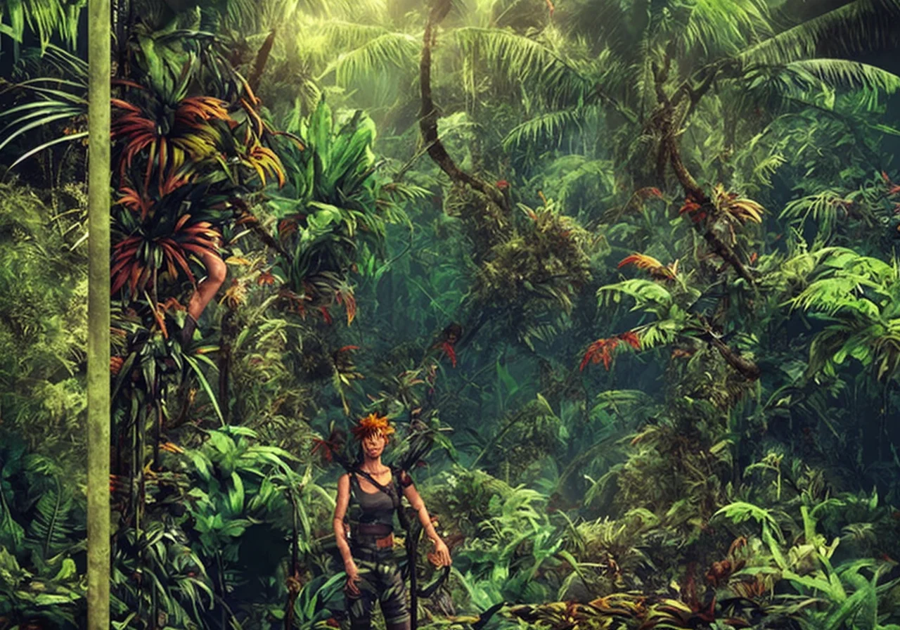 textless, junglepunk jungle trees, overgrown landscape, in another Amazonian jungle-punk world
