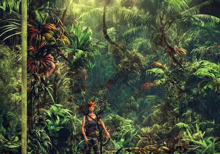 textless, junglepunk jungle trees, overgrown landscape, in another Amazonian jungle-punk world