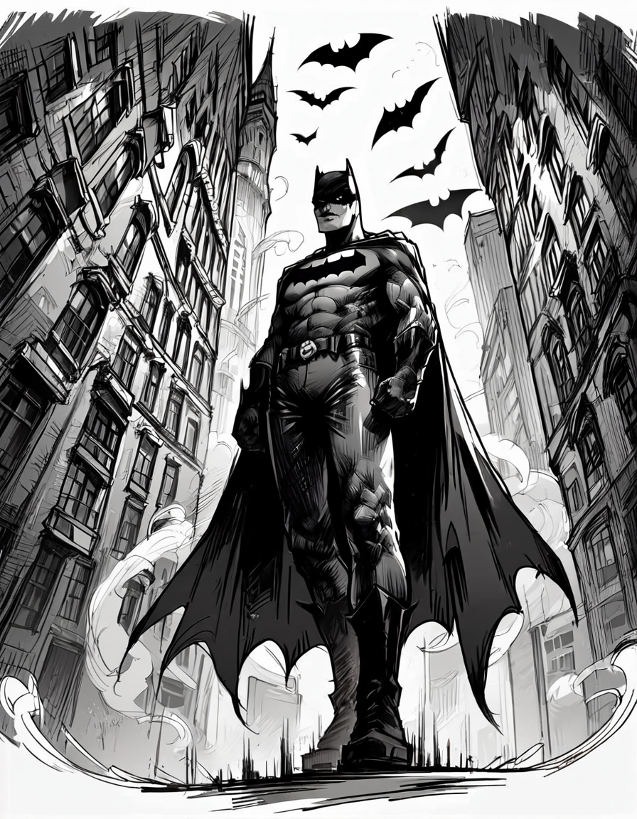 score_9, score_8_up, score_7_up,  <lora:Messy Sketch Style:1>,batman standing on top of a tower looking down below at a city with his cape flowing in the wind,  monochrome,