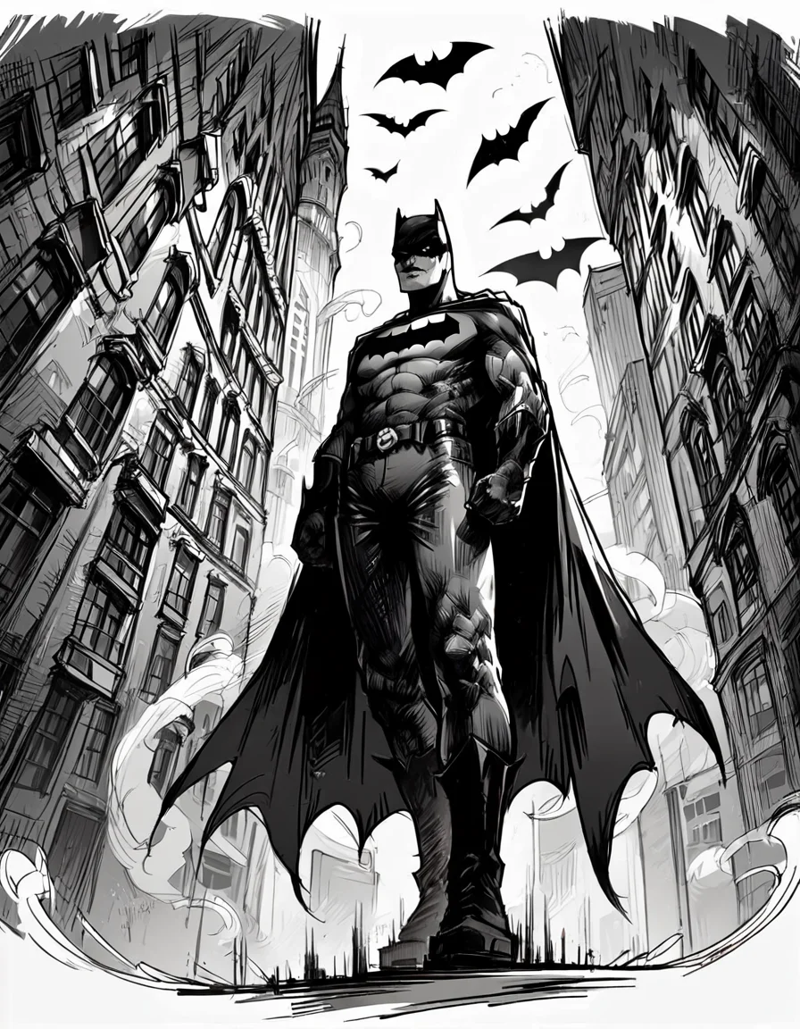 score_9, score_8_up, score_7_up, <lora:Messy Sketch Style:1>,batman standing on top of a tower looking down below at a city with his cape flowing in the wind, monochrome,