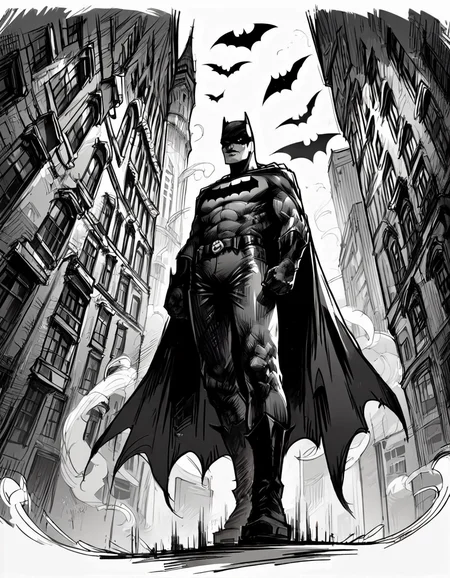 score_9, score_8_up, score_7_up,  <lora:Messy Sketch Style:1>,batman standing on top of a tower looking down below at a city with his cape flowing in the wind,  monochrome,