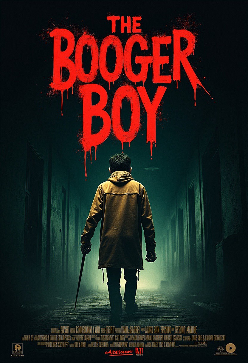 Let's create a full movie poster for a PG13 film called THE BOOGER BOY this movie poster should be very detailed with all text legible.