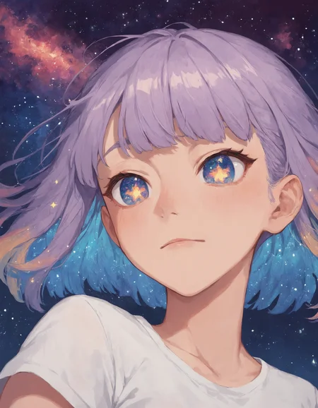score_9, score_8_up, score_7_up, score_6_up, score_5_up, rating_questionable, source_anime, <lora:ra1nstyle:1>, 1girl, portrait, galaxy pupils, close up, multicolored hair, fringe, cosmic, white shirt
