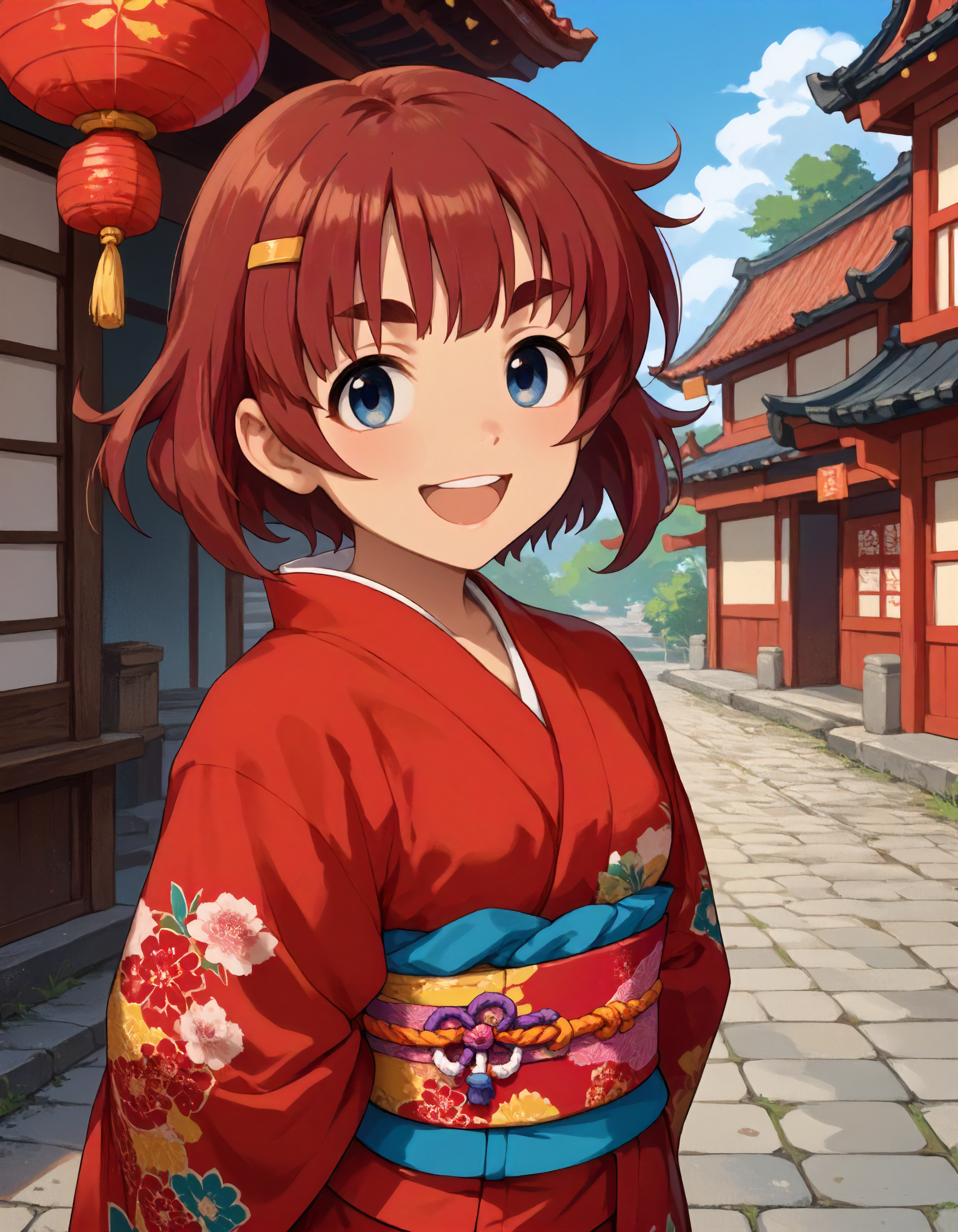 score_9,score_8_up,score_7_up,1girl,solo,standing,smile,open mouth,upper teeth only,looking at viewer,arms behind back,outdoors,
<lora:anzaimiyako_v2_ponyXLV6:0.7>,cgam,
red hair,short hair,thick eyebrows,blue eyes,hairclip,
red furisode,obi