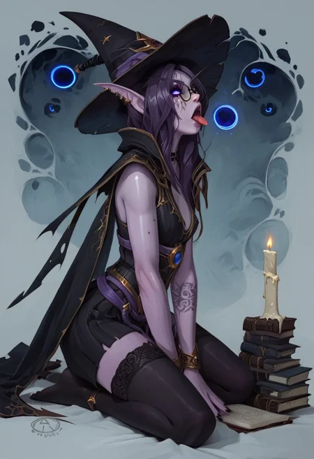 masterpiece, score_9, score_8_up, score_7_up, score_6_up, score_5_up, score_4_up, 1girl, glowing purple eyes, light purple skin, Void elf, elf ears, long hair, purple hair, purple skin, petite body, playful, hearts, very cute, sexy black witch outfit, black witch hat, black thighhighs, kneeling, mouth open, tongue out, looking up at viewer orgasm, witch hut background, view from side, d3t41l3d, 4ng3l face, W1tchyC0ttagec0re, eyeliner, heavy makeup, eye makeup, witch cottage, full body view
(high detailled background), detailled face, alchemist lab background, bookshelf, alchemist tools, candles, glasses, books