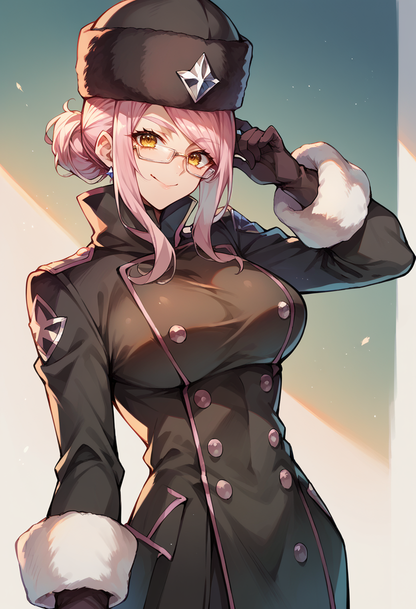 score_9, score_8_up, score_7_up, buttons, fur trim hat, glasses, hair bun, koyancomrade, long sleeves, military coat, pink hair, sidelocks, yellow eyes, human ears <lora:koyan-16:1>, (large breasts:1.6), smile, gloves, black coat,