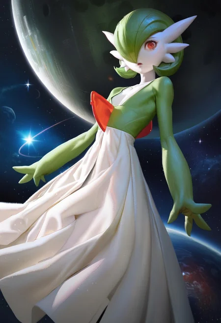 score_9, score_8_up, score_7_up, source_anime, hi res, masterpiece, best quality, highres, Nameless_Style, masterpiece, best_quality, 1girl, solo, gardevoir, white dress, bangs, colored skin, female focus, flat chest, green hair, green skin, hair over one eye, multicolored skin, pokemon \(creature\), red eyes, short hair, two-tone skin, white skin, space,