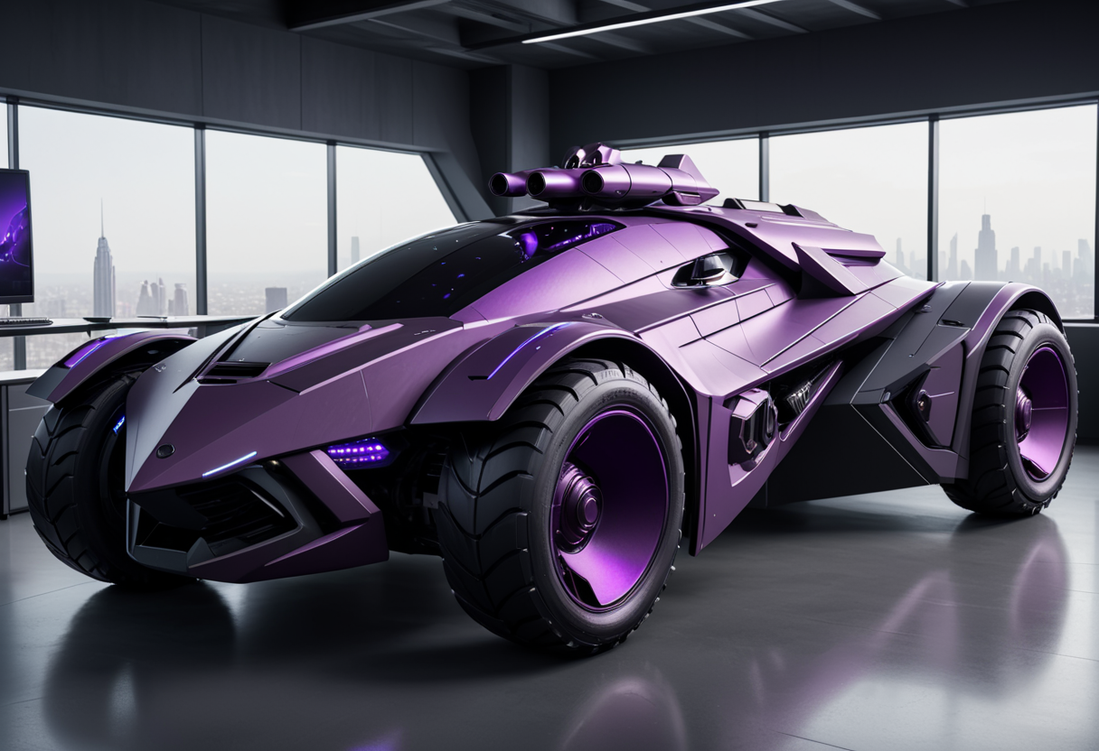 (medium full shot) of (rugged mobile purple futuristic armored car, batmobile style) with reactive armor, elegant design, multi-fuel engine, reinforced chassis, adorned with tactical markings, set in  Executive Suite, Sophisticated office space with panoramic views, sleek glass desks, leather ergonomic chairs, minimalist decor, high-tech conference equipment, a cozy lounge area with designer sofas, ,Masterpiece,best quality, raw photo, realistic, very aesthetic