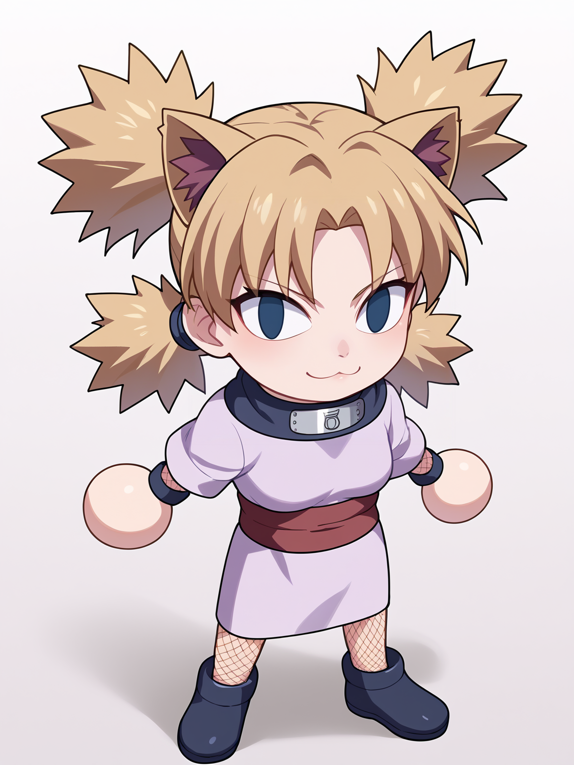 score_9, score_8_up, score_7_up, BREAK,
1girl, necoarc, cat ears,
ytemari, blonde hair, quad tails, blue eyes, fishnets, purple garment, sash,
chibi, slit pupils, solo, full body, white background <lora:necoarc-guy-PONY-v1:1>   <lora:TemariGeninXL:1>