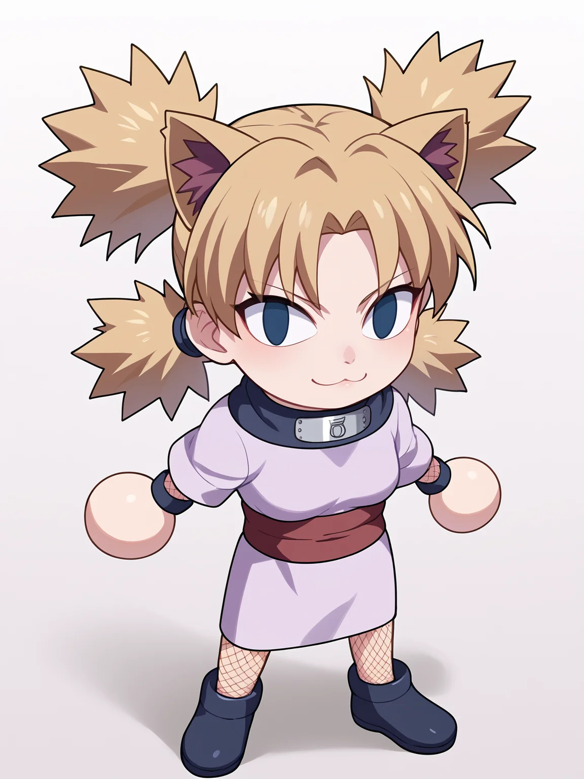 score_9, score_8_up, score_7_up, BREAK,
1girl, necoarc, cat ears,
ytemari, blonde hair, quad tails, blue eyes, fishnets, purple garment, sash,
chibi, slit pupils, solo, full body, white background <lora:necoarc-guy-PONY-v1:1> <lora:TemariGeninXL:1>