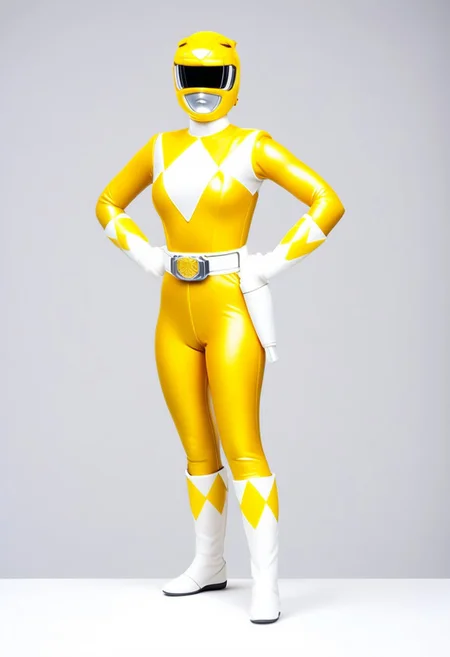 figurine, figurine, figurine of bald female yellow-power-ranger, alone, morphed, helmet, yellow catsuit, white gloves belt boots holster, standing square-on, plain grey studio background, arms down by sides, full body photo, hyperdetailed photography
