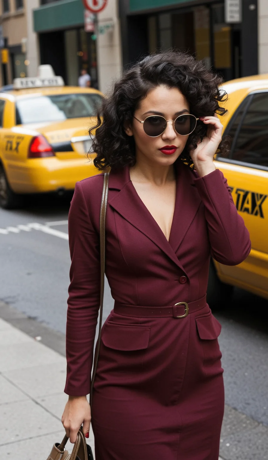 Luminescent Impasto, A woman in burgundy attire and sunglasses, with red lipstick, stands near the yellow taxi on a New York street. The background is blurred, creating an atmosphere of movement and dynamism. She has dark, curly hair styled into retro-style curls. Her hat covers her face, adding to her mysterious aura.