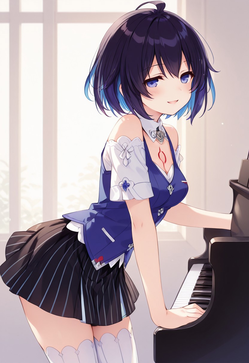 artist:Tsunako,(artist:miyase mahiro:0.6),(artist:ke-ta:0.8),(masterpiece,best quality:1.2),amazing quality, ultra high detailed,1girl,solo, SelVel, Fol001, Sel_Azu, short hair, blue eyes, black hair, blue hair, colored inner hair, chest tattoo, red tattoo, white shirt, off-shoulder shirt, blue vest, vest, black skirt, striped thighhighs, piano print, short sleeves, striped skirt, white sleeves, detached collar, white collared collar, cleavage, shirt under vest, seele vollerei,
pervert
seductive smile,
dogy style sex, anal