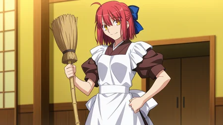 smile,, masterpiece, best quality, amazing quality, very aesthetic, absurdres, newest, anime screencap, <lora:kohakuILM:1>, kohaku (tsukihime), takeuchi takashi, yellow eyes, red hair, hair ribbon, blue ribbon, hair between eyes, short hair, sidelocks, bob cut, maid, maid apron, apron, white apron, kimono, brown kimono, japanese clothes, wa maid, puffy short sleeves, broom, bamboo broom, holding,