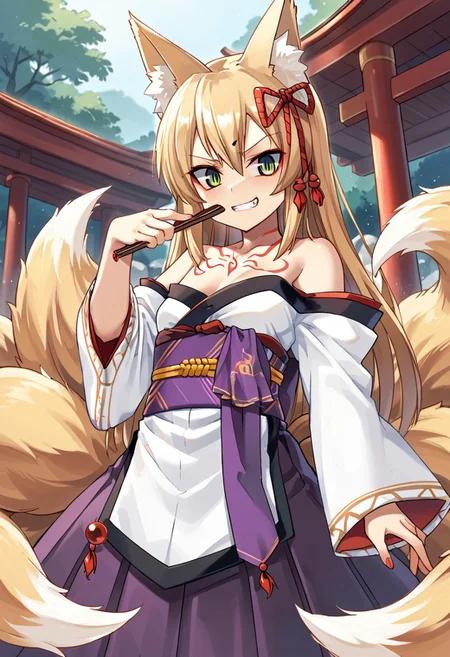 score_9, score_8_up, score_7_up,BREAK source_anime
masterpiece,8k,uncensored,(highres:1.3),high resolution, unity 8k wallpaper, detailed face, detailed CG, (perfect hands, perfect anatomy), (high quality, best quality), detailed hand,
torii, shrine,japanese temple,
from below,
looking ahead
scared.wide-eyed.jaw drop.((looking at viewer:1.2)). awkward face.fear.surprise.horrified, glowing eyes,
(clothes female),
evil grin, happy,glaring,
<lora:Tamamo:0.8> . small breasts, Tamamo, blonde hair, hair ribbon, long hair, kitsune, green eyes, fox ears, (fox tail), (red eyeliner), monster girl, slit pupils, multiple tails, red tattoo on chest, kimono, sash,
dynamic pose, dynamic pose, holding fan, (( fan over face)), hand on side,