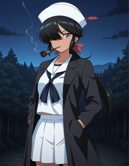 masterpiece, best quality, absurdres, highres, <lora:ogin illu:0.9> oginillu, dixie cup hat, hair bow, long sleeves, school uniform, sailor, black coat, open coat, pleated skirt, white shirt, neckerchief, sailor collar, hair over one eye, dark skin, night, forest, smoke, smoking pipe, hands in pockets, anime coloring, solo