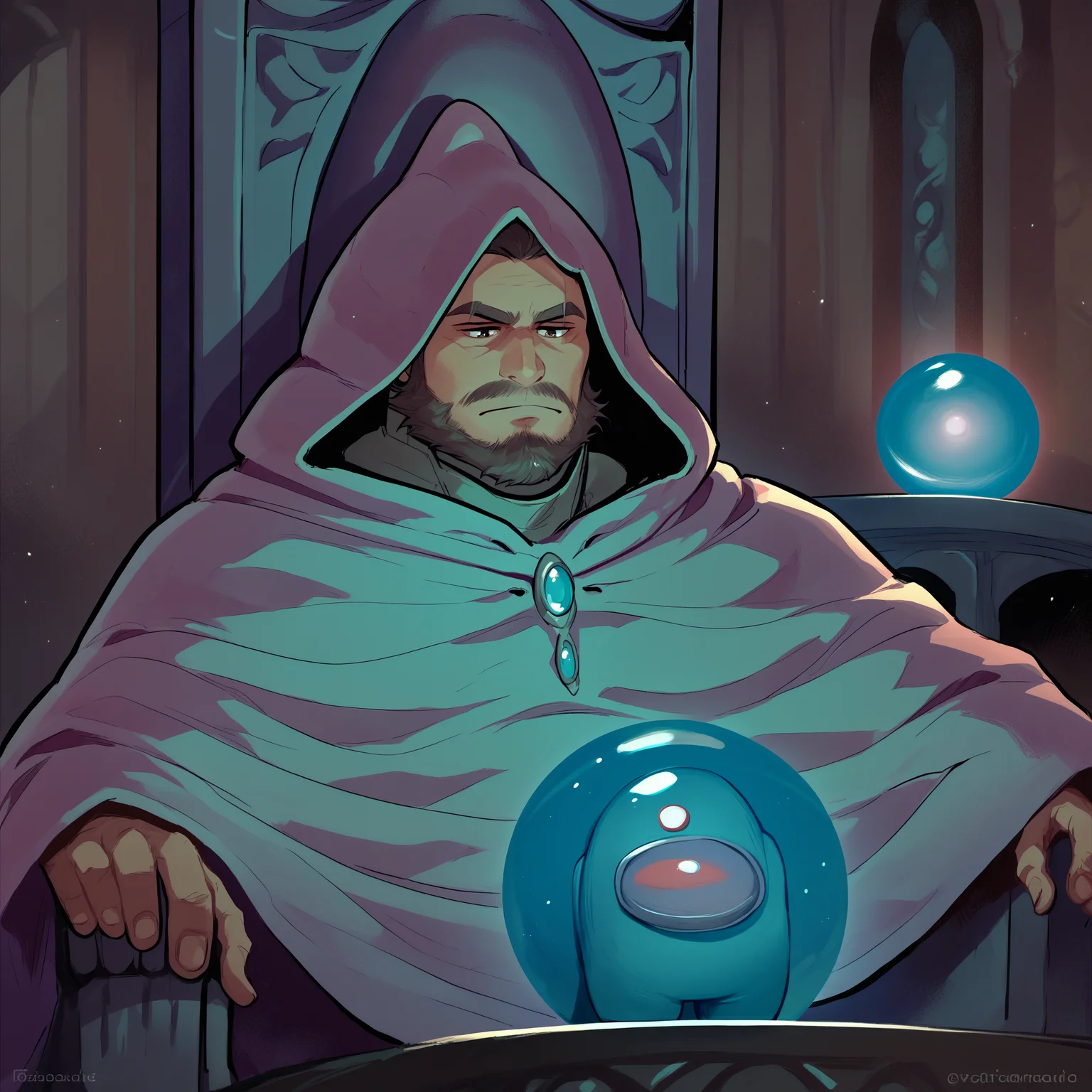 score_9, score_8_up, score_7_up, sitting, orb, throne, crystal ball, chair, hooded cloak, robe, hood up, <lora:PonderingMyOrbMeme_pdxl_Incrs_v1:1.2>, solo, upper body, <lora:JetstreamSam_XLPD:0.8> JetstreamSam, headgear, beard, <lora:AmongUs_pdxl_Incrs_v1:1> crewmate (among us), spacesuit, no humans, space helmet, full body, solo, wide shot, red theme, red suit,