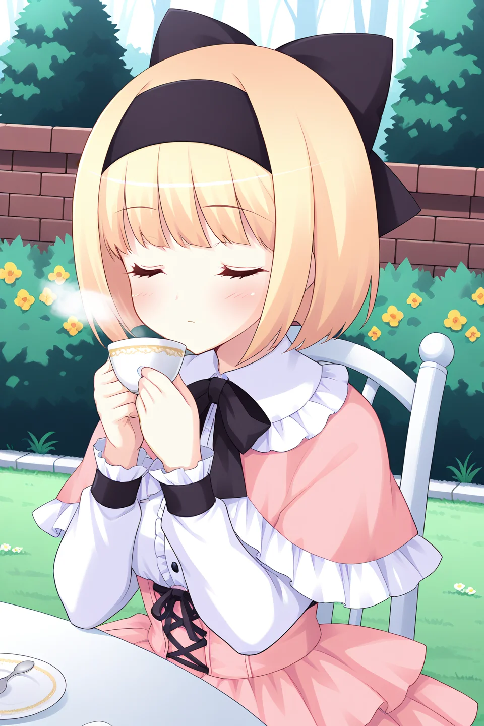 masterpiece, best quality, absurdres, official art, official style, rating general BREAK,
<lora:iriswindsor_IL_v1-2:0.7>, iris windsor, 1girl, solo, blue eyes, eyelashes, blonde hair, short hair, blunt bangs, bob cut, small breasts, petite,
black hairband, black bow, casual, frilled dress, pink capelet, frilled capelet, shawl, black bowtie, red ascot, white collar, frilled collar, center frills, buttons, white shirt, dress shirt, long sleeves, pink corset, cross-laced corset, pink skirt, layered skirt, frilled skirt, upper body, expressionless, blush, closed eyes, closed mouth, drinking, sitting, holding cup, teacup, flower, bush, hair bow, table, outdoors, chair, tree, steam, brick wall, garden, saucer, grass, day, tea, plant, brick, spoon