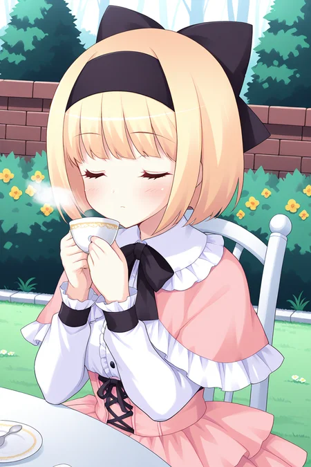 masterpiece, best quality, absurdres, official art, official style, rating general BREAK,
<lora:iriswindsor_IL_v1-2:0.7>, iris windsor, 1girl, solo, blue eyes, eyelashes, blonde hair, short hair, blunt bangs, bob cut, small breasts, petite,
black hairband, black bow, casual, frilled dress, pink capelet, frilled capelet, shawl, black bowtie, red ascot, white collar, frilled collar, center frills, buttons, white shirt, dress shirt, long sleeves, pink corset, cross-laced corset, pink skirt, layered skirt, frilled skirt, upper body, expressionless, blush, closed eyes, closed mouth, drinking, sitting, holding cup, teacup, flower, bush, hair bow, table, outdoors, chair, tree, steam, brick wall, garden, saucer, grass, day, tea, plant, brick, spoon