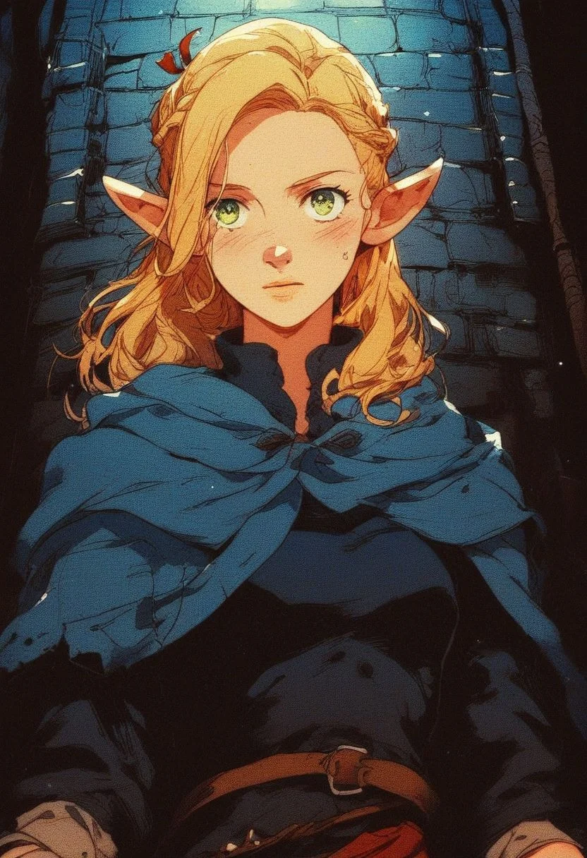 score_9, knva, halftone effect, 1girl, marcille donato, fantasy, ellicrampnxl, elf, dungeon,