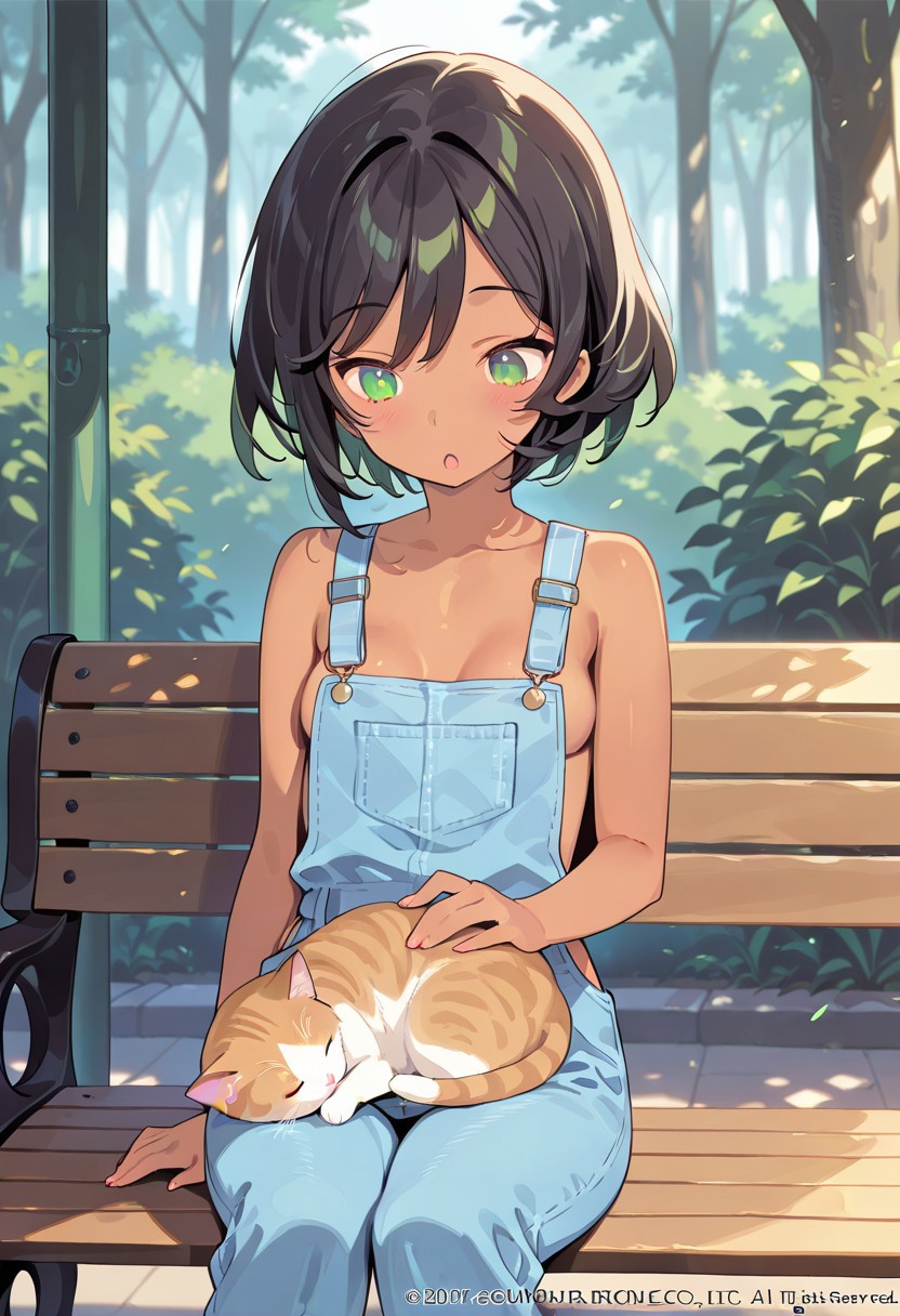 solo, 1girl, small breasts, black hair, green eyes, short hair, dark-skinned female, :O, blush, BREAK light-blue overalls, naked overalls, BREAK park, outdoors, sitting on bench, cat, cat on lap, cat sleeping, petting the cat, artistic, beautiful, cowboy shot, looking at cat, BREAK ((ultra-detailed)), ((best quality)), ((beautiful eyes)), ((extremely detailed)), 4K, (8K), best quality, (beautiful), Master piece, highres, best quality, official art, highres, masterpiece, detailed background, high quality background,