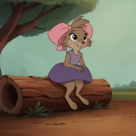score_9, score_8_up, score_7_up, score_6_up, score_5_up, score_4_up, source_furry, TeresaBrisv2, semi-anthro, female, mouse, brown fur, whiskers, blue eyes, pink hair bow, purple dress, sleeveless, innocent expression, sitting, outside, on a log, smile, in the woods, day time