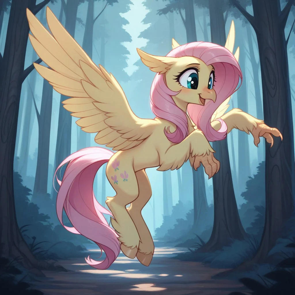 masterpiece, best quality, very aesthetic <lora:MLP-Hippogriff_Illustrious:0.7> hippogriff, classical hippogriff, wings, feral, my little pony, beak, claws, hooves, Fluttershy, flying, in forest, spread wings, cute,