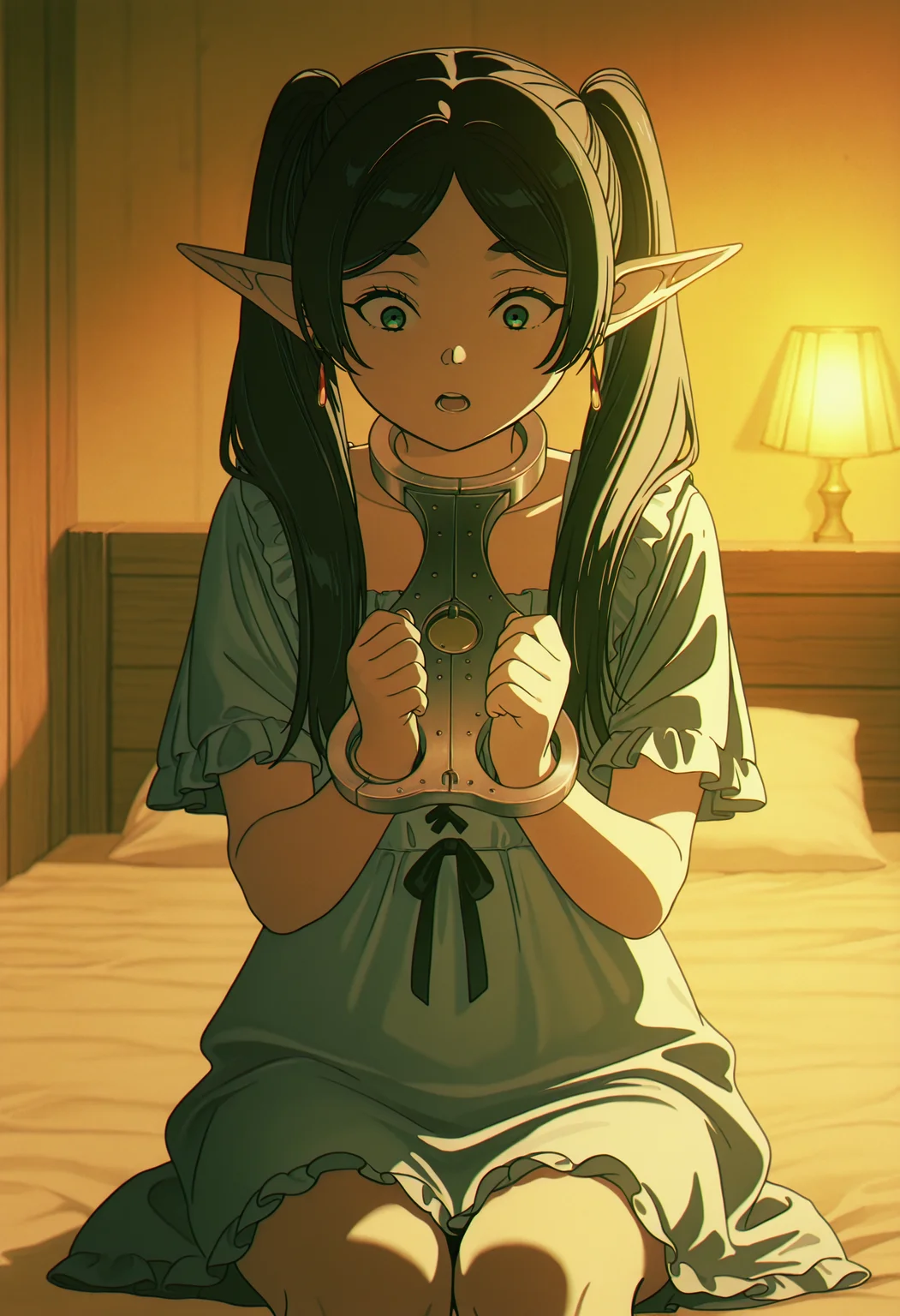 masterpiece, best quality, aesthetic, high resolution, 1girl, woman, <lora:BondageFiddle_Illustrious:1>, restrained, bondagefiddle, bondage fiddle, pillory, metal plate, anime style, silver bondagefiddle, open mouth, surprised, sitting on bed, summer nightgown, frills, <lora:Frieren_Frieren_Beyond_Journeys_End_-_Illustrious_r1:1>, earrings, elf, twintails,