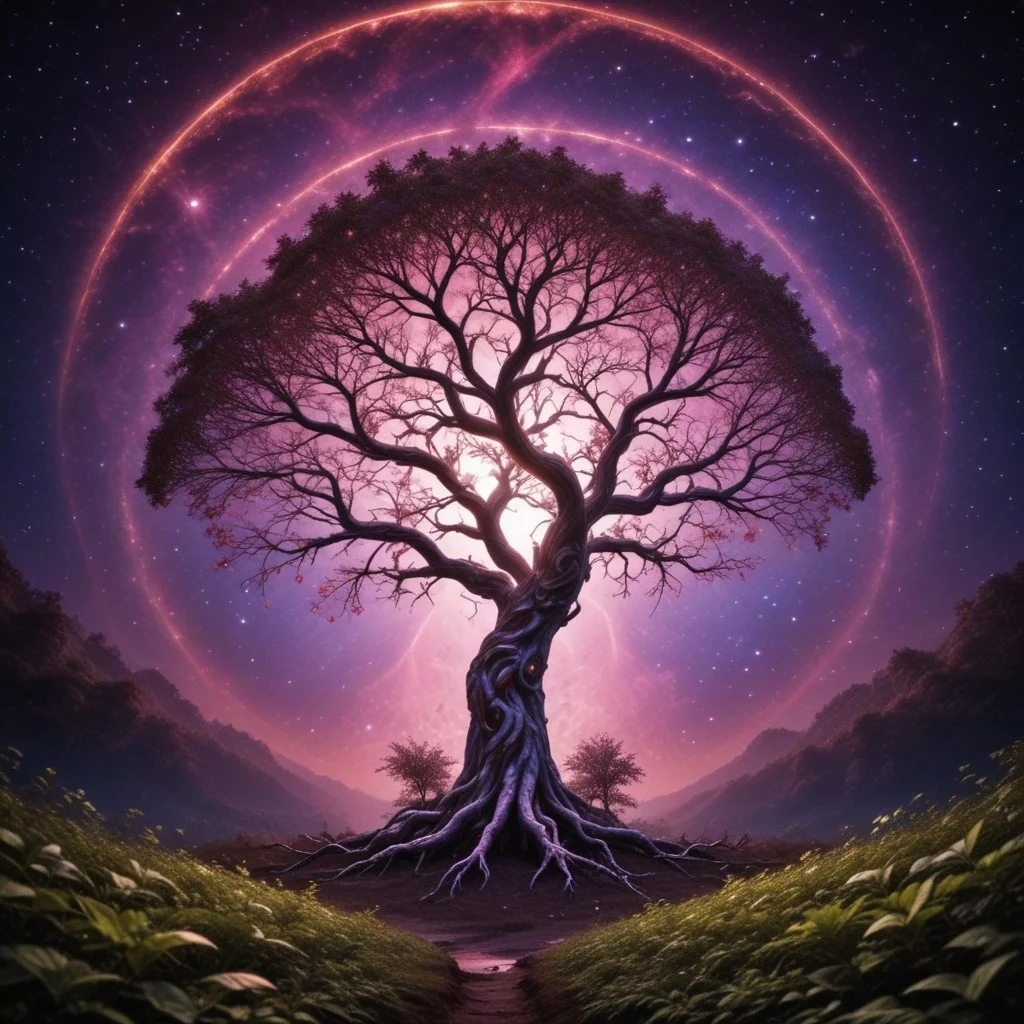 white huge tree grows from the black hole in the center of galaxy, fluorescent leaves, white glowing bark, alien colorful planets grow on branches of the tree, life energy flows through the roots of the tree, space, cosmic scenery, clouds of cosmic dust around, black background, hyperrealistic, photorealistic, atmospheric scene, depth of field, 8k quality, extreme detailed, colorful, award-winning masterpiece, abstract beauty