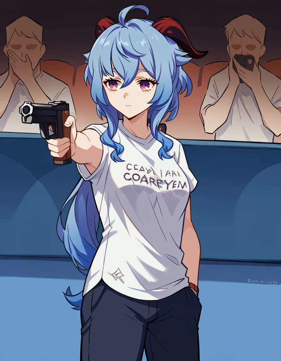 score_9, score_8_up, score_7_up, source_anime, <lora:genshin-ganyu-ingame-ponyxl-lora-nochekaiser:1>, ganyu, blue hair, goat horns, horns, long hair, purple eyes, sidelocks, medium breasts, <lora:yusuf-dikec-ponyxl-lora-nochekaiser:1> yusuf dikec, yusuf dikec (meme), meme, hand in pocket, handgun, holding gun, gun, shirt, t-shirt, pants, audience,, , cowboy shot,