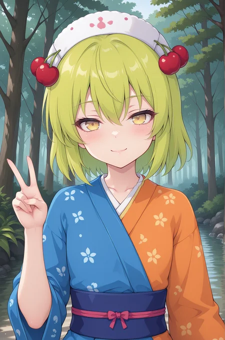 masterpiece,best quality,amazing quality, KoirandoshilVTILXL, 1girl, yellow eyes, green hair, short hair, hair between eyes, white hat, cherry hair ornament, flat chest, japanese clothes, blue kimono, orange kimono, two-tone kimono, blue sash, solo, front view, (portrait, upper body), peace sign, solo focus, seductive smile, looking at viewer, forest, tree     <lora:KoirandoshilVTILXL:1>